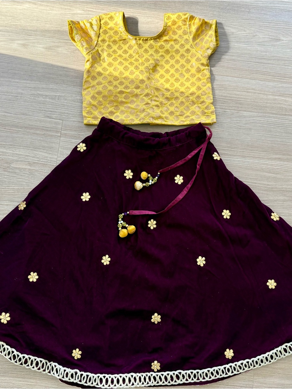 Yellow and Wine Red velvet lehenga set - kids size 4